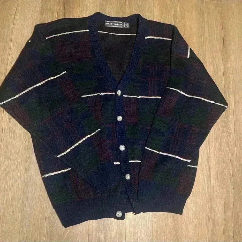 Sweater Mens SZ L David Taylor Cardigan Blue Green Dad Core Grandpa Made In USA